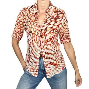 ESCADA 100% silk georgette red white animal print sheer short sleeve blouse 36